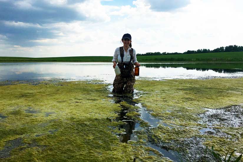 Photo of a female researcher standing out in the water